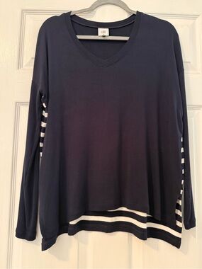 CAbi Navy & White Long Sleeve V-Neck Top XS
